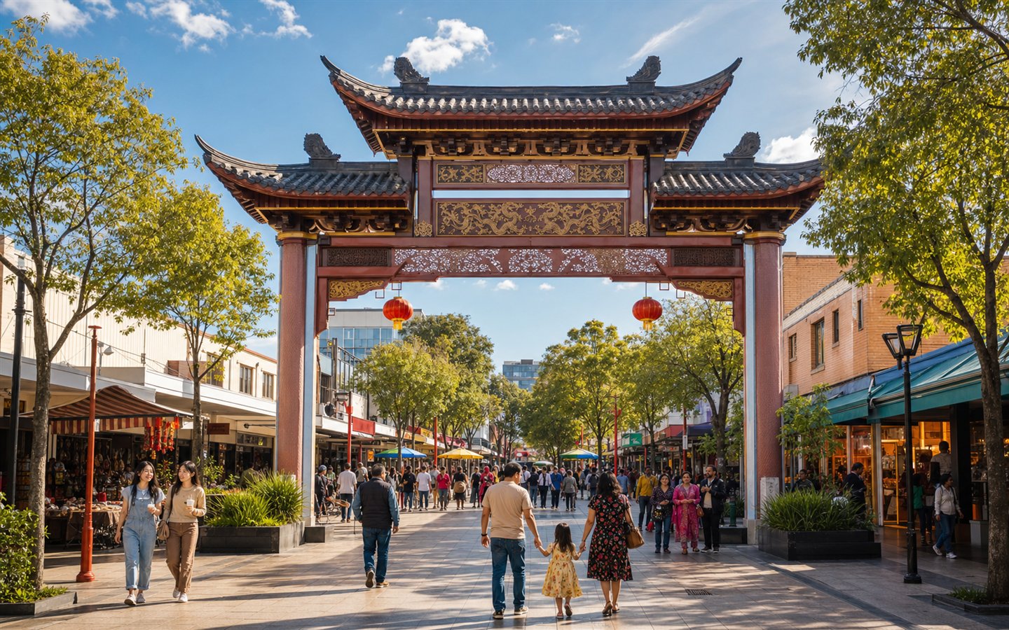 Cabramatta precinct with a Pai Lau gateway and local shoppers