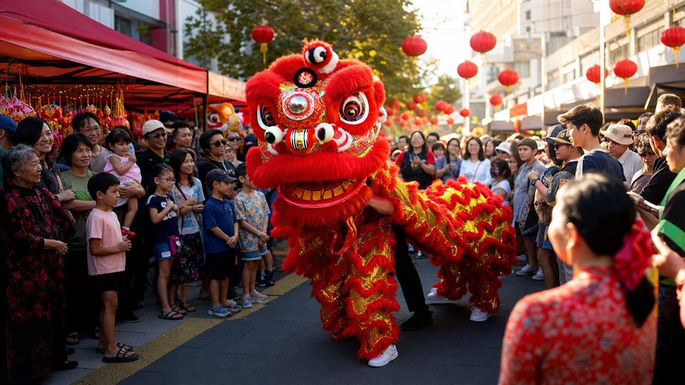Lunar New Year street fair with lion dance and families