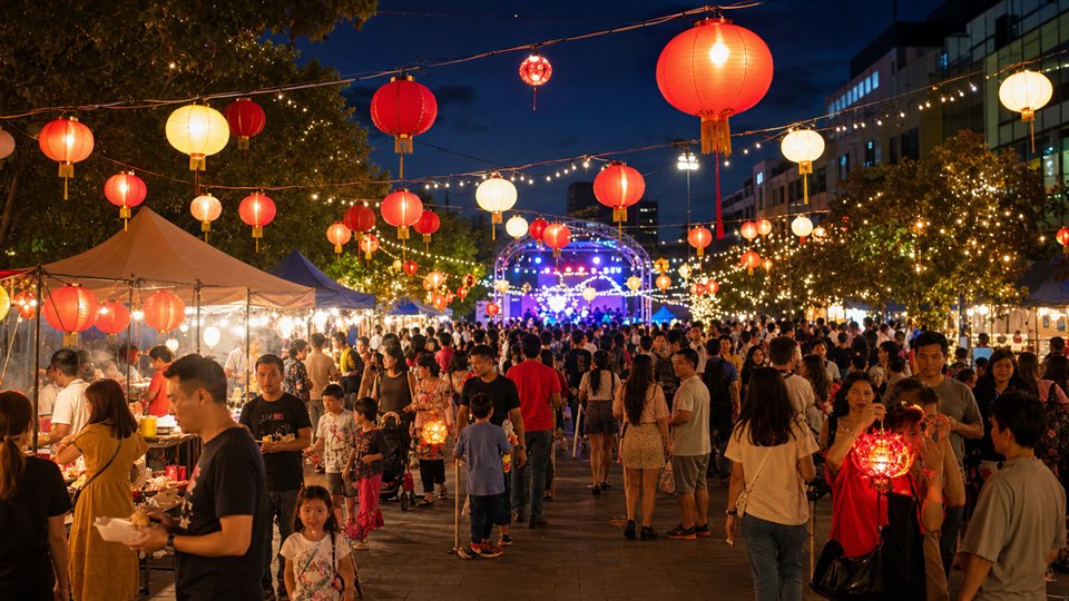 Moon festival with lanterns, food stalls and evening crowds