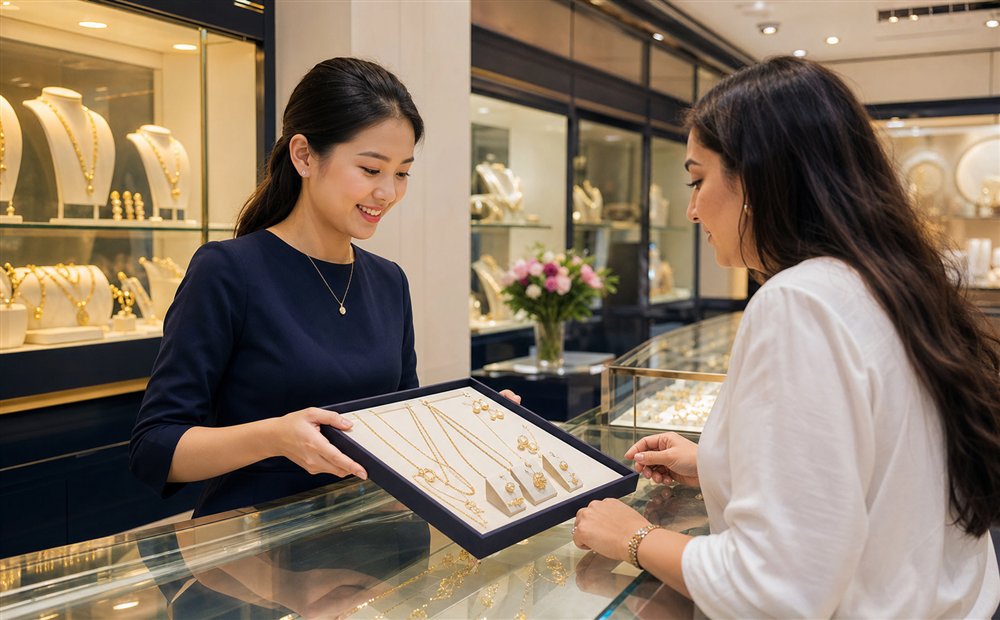 Local jewellery store showing gold jewellery to a customer