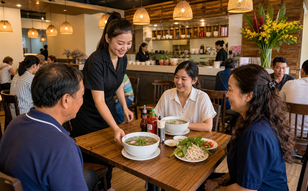 Welcoming Vietnamese restaurant dining room with pho service